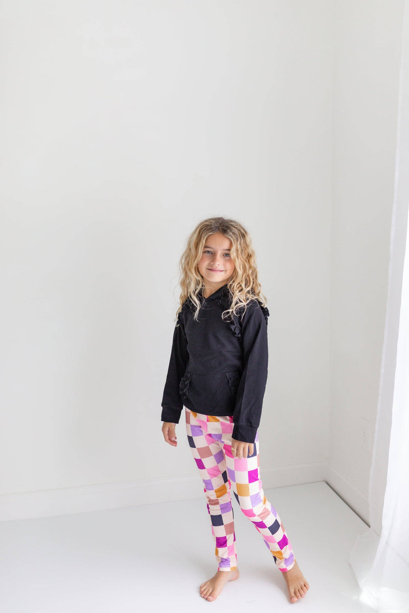 Kids Dark Gray Ruffle Hoodie & Checkered Leggings Fall Set