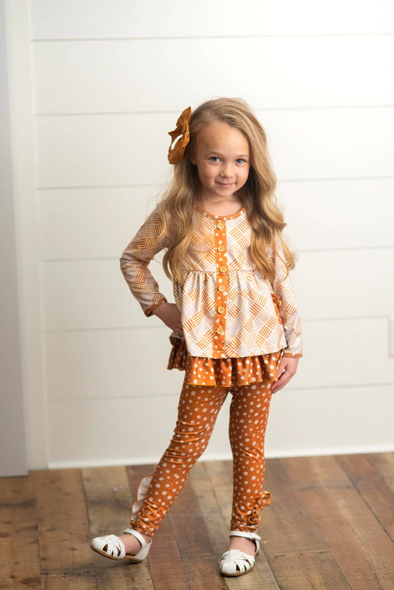 Kids Mustard Polka Dot Button Pocket Ruffle Pant Fall Set