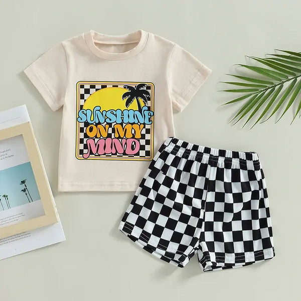 Summer Kids Baby Boys Clothes Sets Short Sleeve Letters Print T-shirts with Elastic Waist Plaid Shorts Holiday Beach Outfits