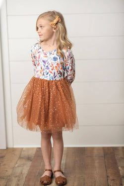 Kids Autumn Fall Floral Print Tulle Sparkle Dress