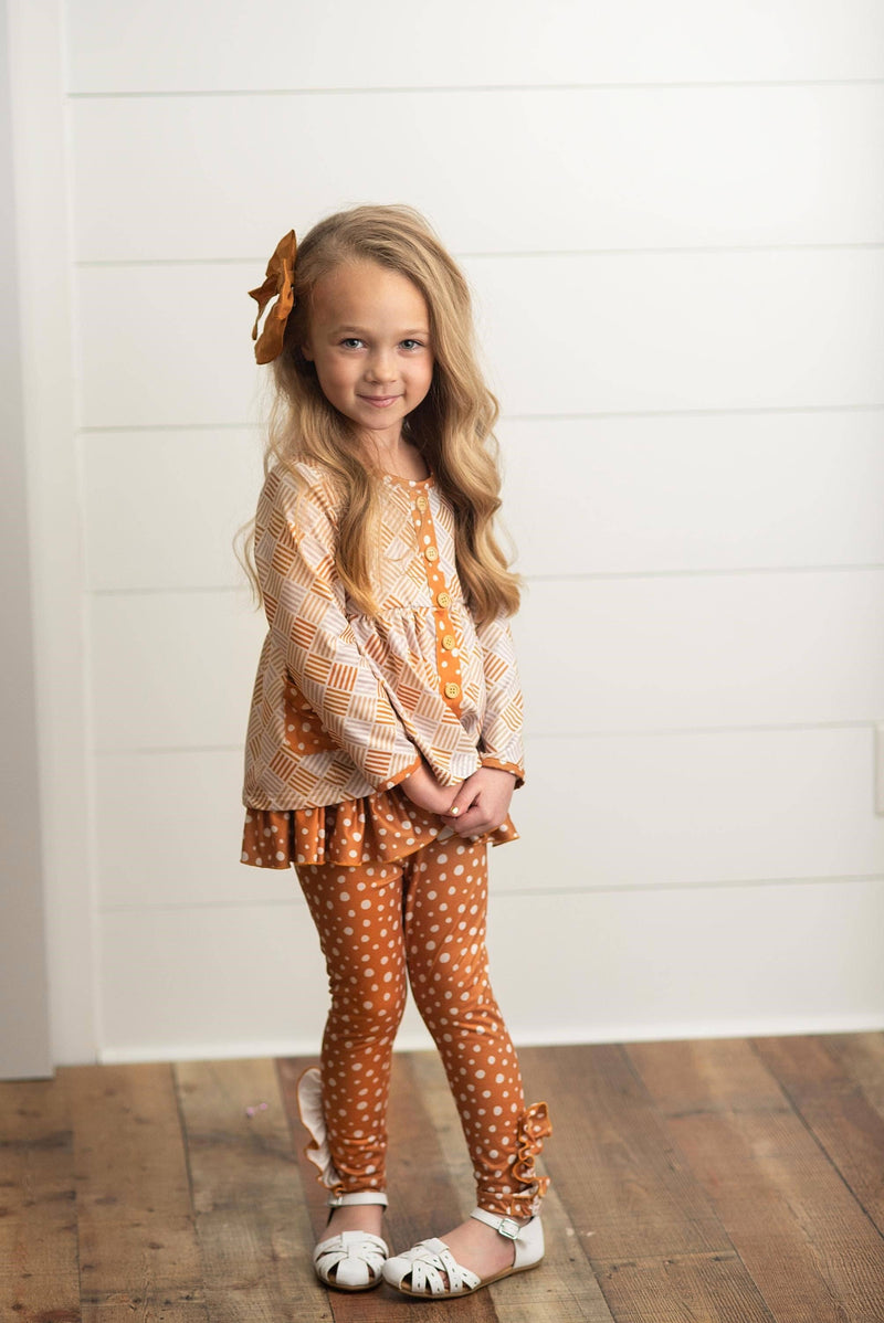 Kids Mustard Polka Dot Button Pocket Ruffle Pant Fall Set