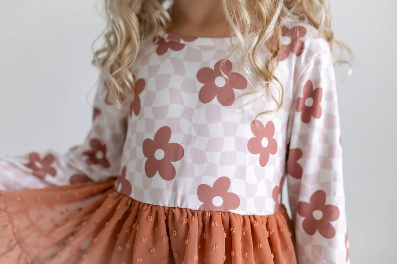 Kids Taupe Flower Check Print Swiss Dot Tulle Fall Dress: 3/4