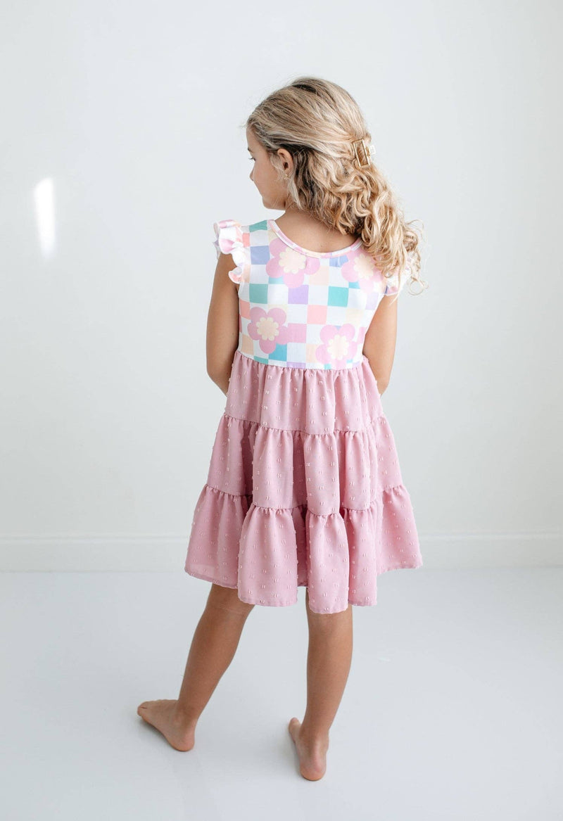 Girls Pink Check Retro Swiss Dot Spring Easter Dress