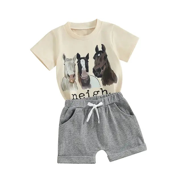 Moo Neigh Free Range Toddler Kids Baby Boys Summer Clothes Sets Farm Animal Print Short Sleeve T-shirts+Solid Shorts Loose Casual Outfits