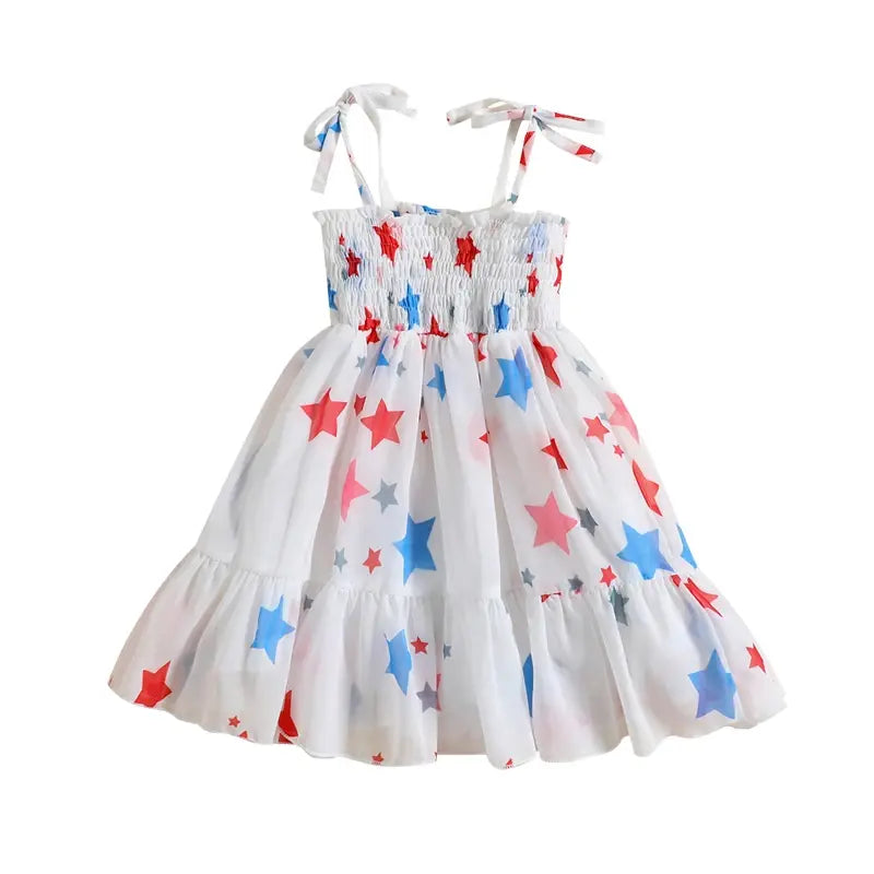 0-5Years Baby Kids Girl’s Slip Dress Independence Day Sleeveless Stars Print Pleated Summer A-line Dress