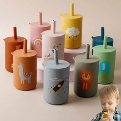 Baby Feeding Straw Cup Baby Cartoon Learning Feeding Cup Food Grade Silicone Toddler Water Bottle Tableware BPA Free