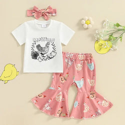 Fashion Summer Newborn Baby Girls Clothing Sets Chicken Letter Print Short Sleeve T-Shirts Flare Pants Headband Casual Outfits