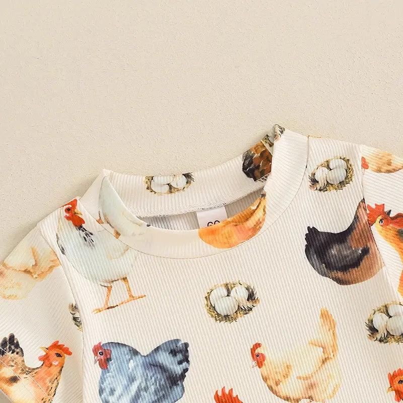 Chicken Vintage Baby Girls Boys Romper Round Neck Short Sleeve Rooster Egg Print Ribbed Jumpsuits Newborn Toddler Summer Clothing