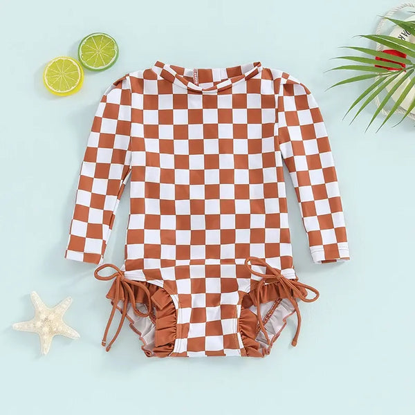 Fashion Toddler Kids Baby Girls Swimwear Summer Plaid Print Long Sleeve Zipper Ruffles Bowknot Bodysuits Swimsuits Bathing Suits