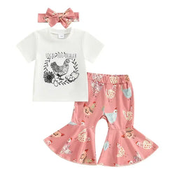 Fashion Summer Newborn Baby Girls Clothing Sets Chicken Letter Print Short Sleeve T-Shirts Flare Pants Headband Casual Outfits