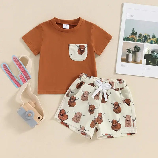 Highland Cow Vintage Toddler Kids Baby Boys Summer Clothes Sets Pocket Patchwork Short Sleeve T-shirts+Cow Print Shorts Outfits