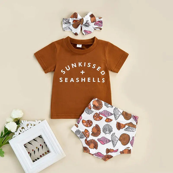 Sunkissed + Seashells Summer Baby Girls Boys 3pcs Clothes Sets 0-24M Letter Short Sleeve Brown T Shirts+Shell Print Casual Shorts