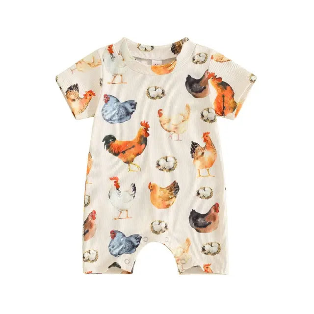 Chicken Vintage Baby Girls Boys Romper Round Neck Short Sleeve Rooster Egg Print Ribbed Jumpsuits Newborn Toddler Summer Clothing