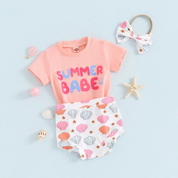 Summer Babe 3pcs Baby Girls Lovely Clothes Sets Letter Print Short Sleeve T-Shirt with Shell Shorts and Bow Heaband