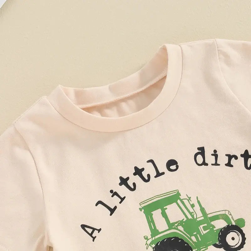 Little Dirt Never Hurt Summer Toddler Kids Baby Boy Clothes Sets Letter Tractor Print Short Sleeve Round Neck T-Shirts Solid Pocket Shorts 2pcs Outfits