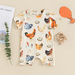 Chicken Vintage Baby Girls Boys Romper Round Neck Short Sleeve Rooster Egg Print Ribbed Jumpsuits Newborn Toddler Summer Clothing