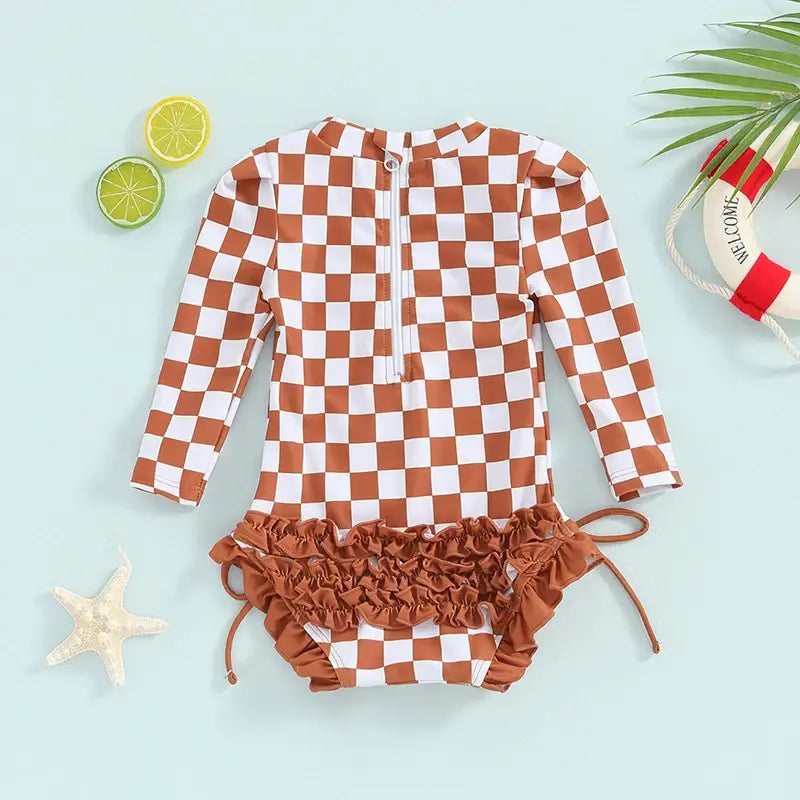 Fashion Toddler Kids Baby Girls Swimwear Summer Plaid Print Long Sleeve Zipper Ruffles Bowknot Bodysuits Swimsuits Bathing Suits