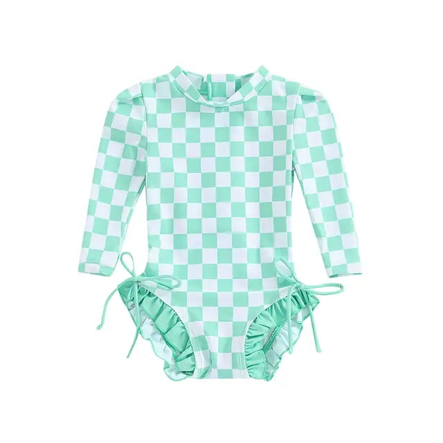 Fashion Toddler Kids Baby Girls Swimwear Summer Plaid Print Long Sleeve Zipper Ruffles Bowknot Bodysuits Swimsuits Bathing Suits